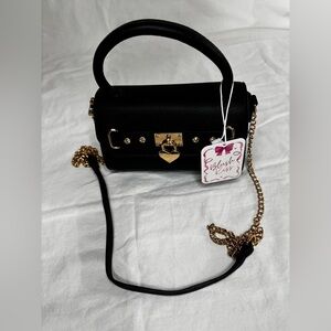 NWT Blush Kiss Black Mini Satchel Heart Lock Gold Strap Rhinestone Studded Bag